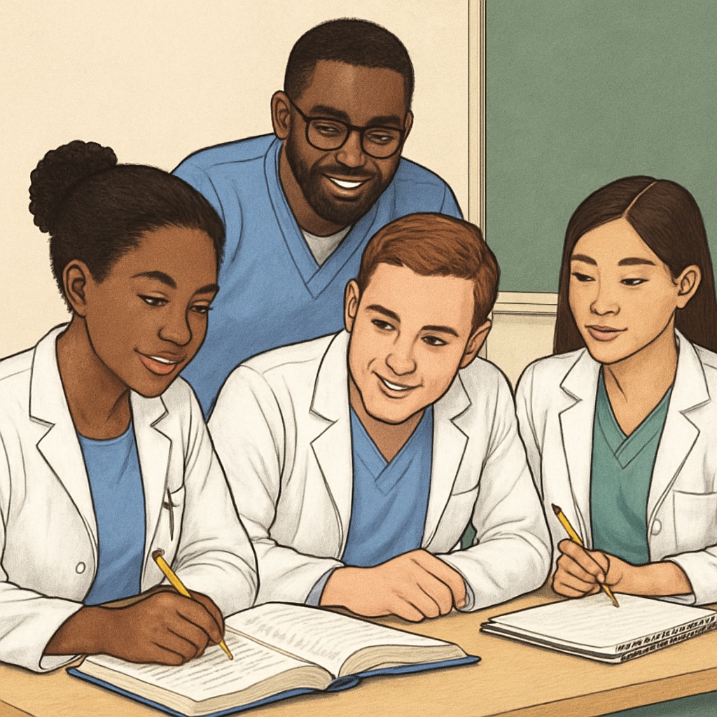 A group of diverse medical students collaborating, symbolizing inclusivity and support in education. Diverse medical students collaborating in an inclusive environment.