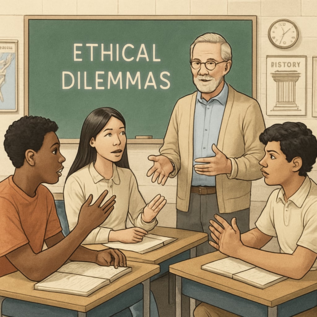A group of students engaged in a debate about ethical dilemmas, guided by a volunteer philosophy teacher. Students debating ethical issues in a K12 classroom led by a philosophy teacher volunteer.