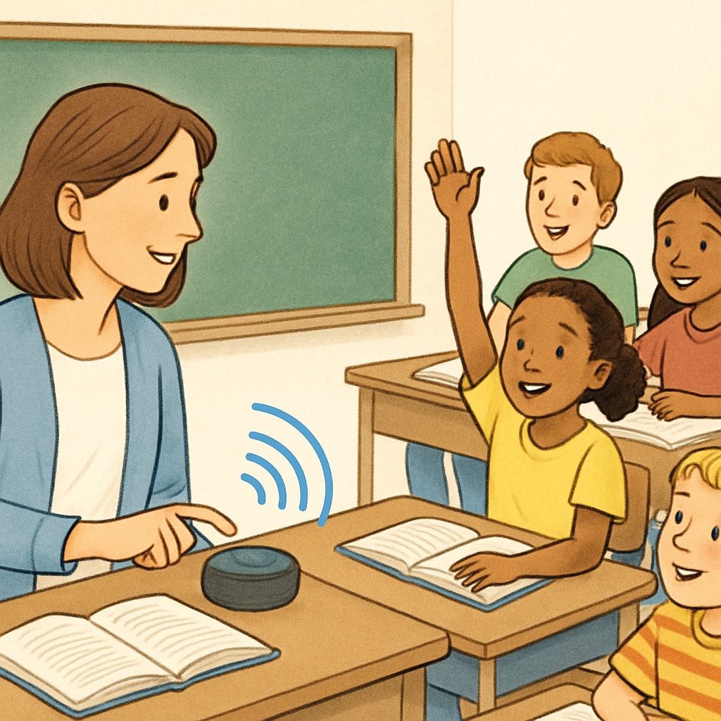 A teacher using a voice recognition tool in a classroom setting, engaging with students in real-time. A teacher using WillowVoice to enhance education efficiency and student feedback.