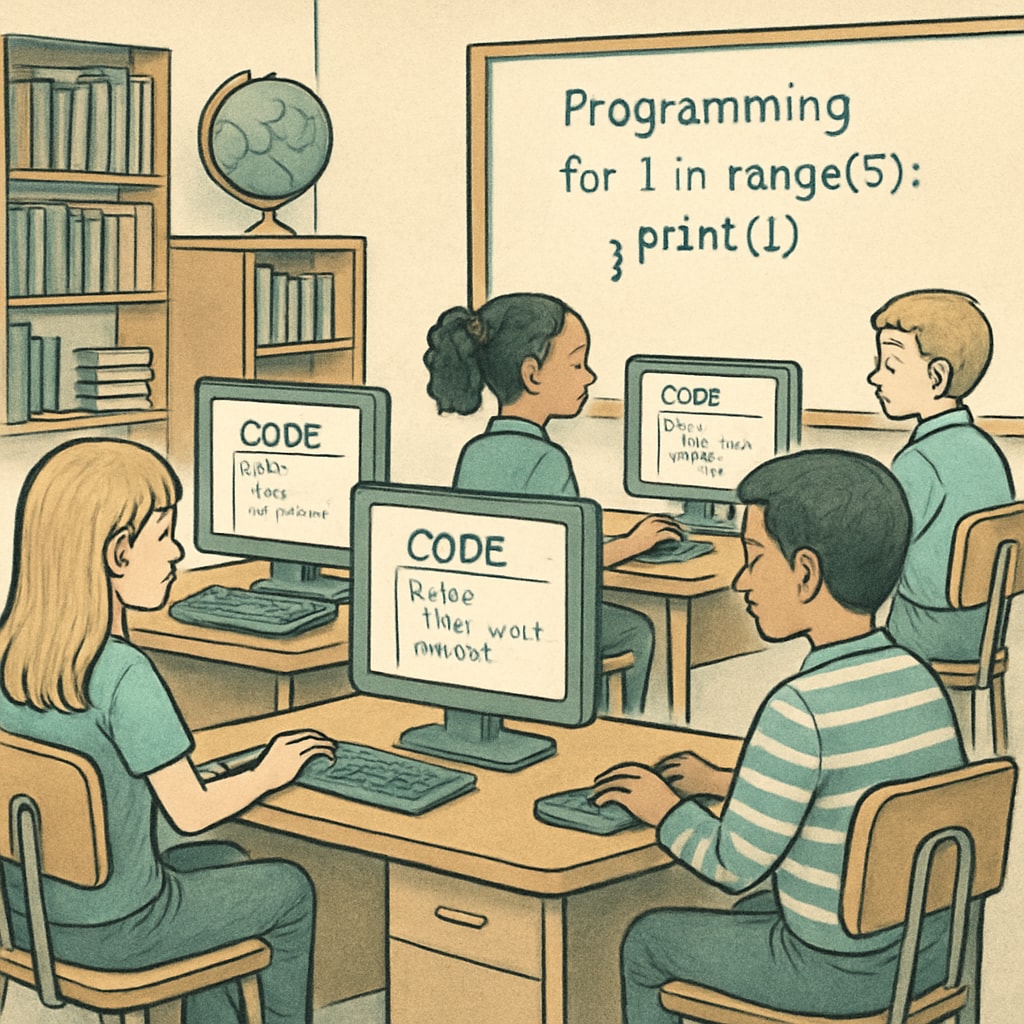 A classroom with students learning coding on computers, representing early exposure to technical skills. Students learning coding in a classroom, emphasizing foundational digital skills.