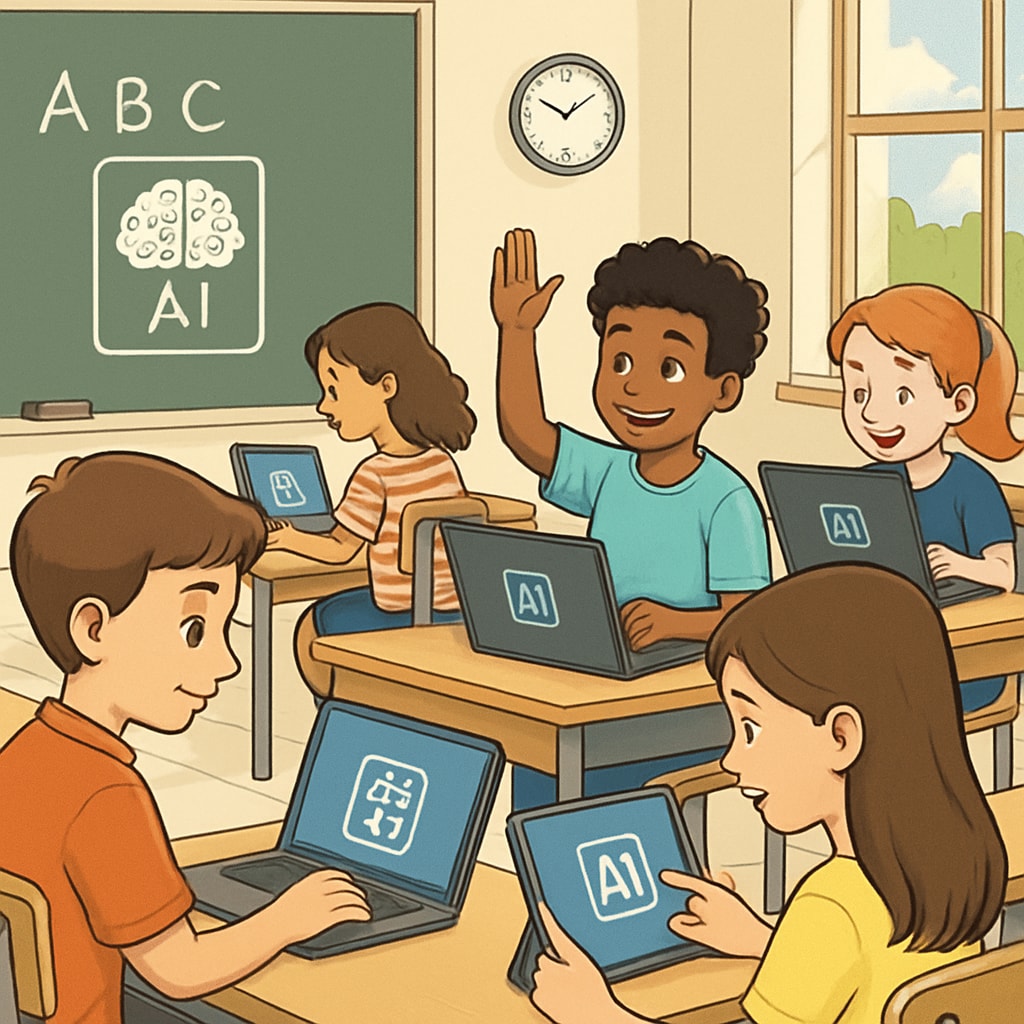 A classroom setting where students are actively using AI-powered learning tools. Students in a classroom using AI tools for education and assessment.