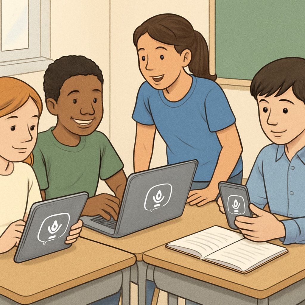 Students collaborating in a classroom activity while using devices enabled with voice recognition tools. Students interacting with voice recognition technology to improve classroom engagement.