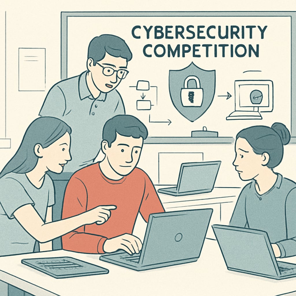Students participating in a cybersecurity competition, showcasing teamwork and problem-solving skills. Students in a cybersecurity competition, highlighting collaborative learning and technical expertise.