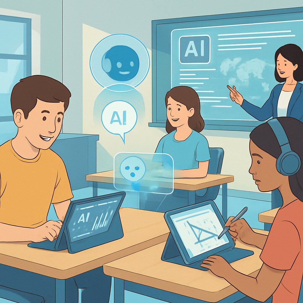 A futuristic classroom setup with students using AI-driven tools for personalized learning. The image illustrates how AI is integrated into education systems to enhance learning and assessment. Students in a futuristic classroom using AI tools for learning and exams.