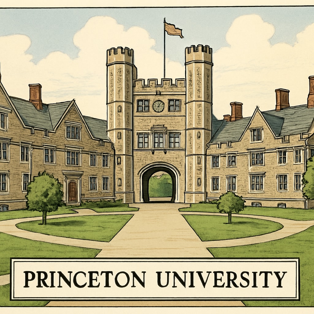 A historic image of Princeton University, emphasizing its traditional architecture and elite status. Princeton University campus with its iconic architecture representing Ivy League prestige.