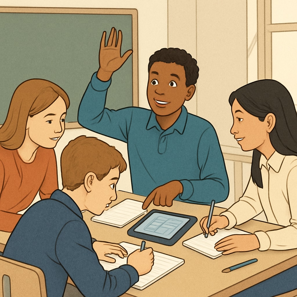 A student participating in a group-based problem-solving activity during an exam. The image highlights collaborative and real-world assessment methods in modern education systems. Students working together on a group task during an exam.