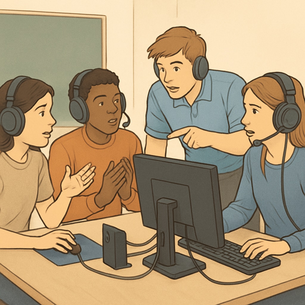 A group of students participating in an esports competition while discussing strategies, representing the blend of education and gaming. Students in an esports competition discussing strategies, showcasing game-based learning by GameClass and NASEF.