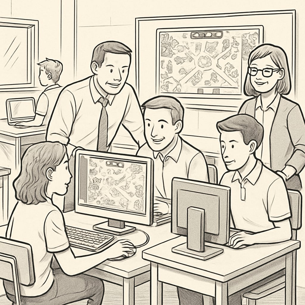 A classroom setting with students and teachers using esports platforms for collaborative learning activities. Classroom with students and teachers engaging in esports-based learning activities powered by GameClass and NASEF.