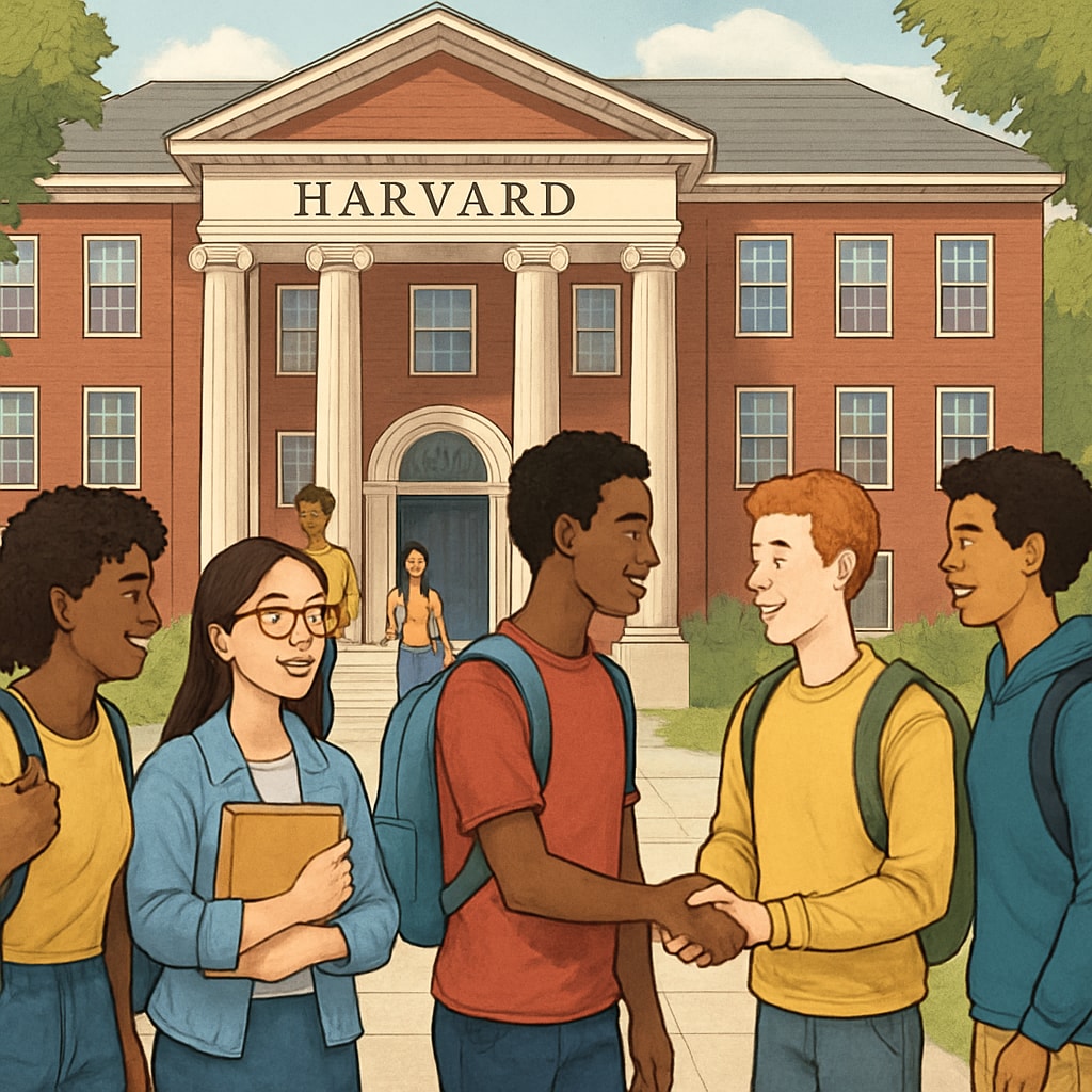 A Harvard campus building surrounded by students, signifying the diversity and inclusiveness of admissions. Harvard campus highlighting diversity in admissions.