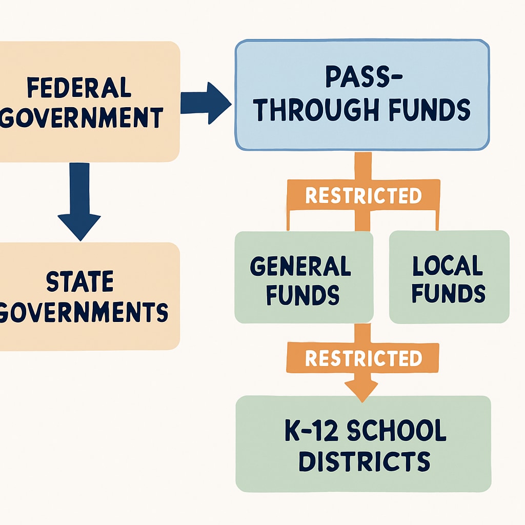 A chart illustrating the flow of pass-through funds in K12 education, showing their allocation and restrictions. Flow chart of pass-through funds in K12 education, depicting allocation and usage.