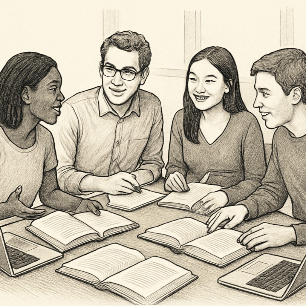 University students working together in a study group, showcasing collaboration and shared learning.