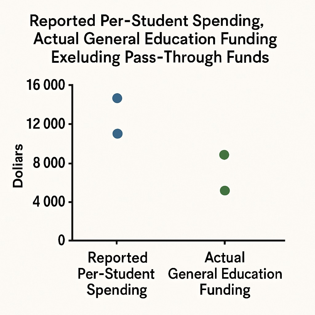 A graph comparing reported per-student spending with actual general education funding after excluding pass-through funds. Bar graph showing discrepancies between reported per-student spending and actual funding.
