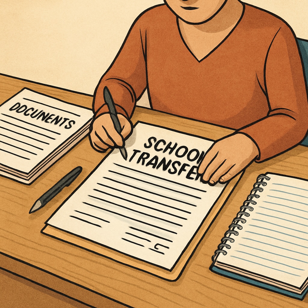 Parent reviewing school transfer paperwork to navigate district policies.