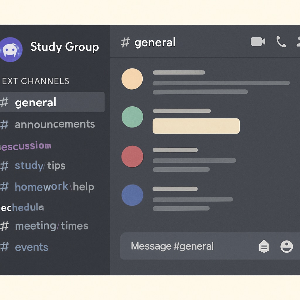 Example of a Discord server with study channels for collaborative learning among students.