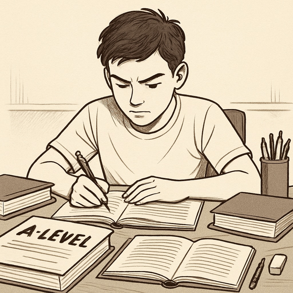A student studying intensely for retaking A-Level exams, symbolizing determination and resilience. A student preparing for A-Level exam retakes, showcasing focus and effort.