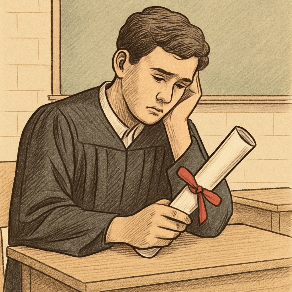 A student sitting at a desk, looking introspective while holding a diploma, symbolizing the emotional experience tied to educational achievements and regrets. Student holding a diploma with a thoughtful expression, representing modified high school diploma regrets.
