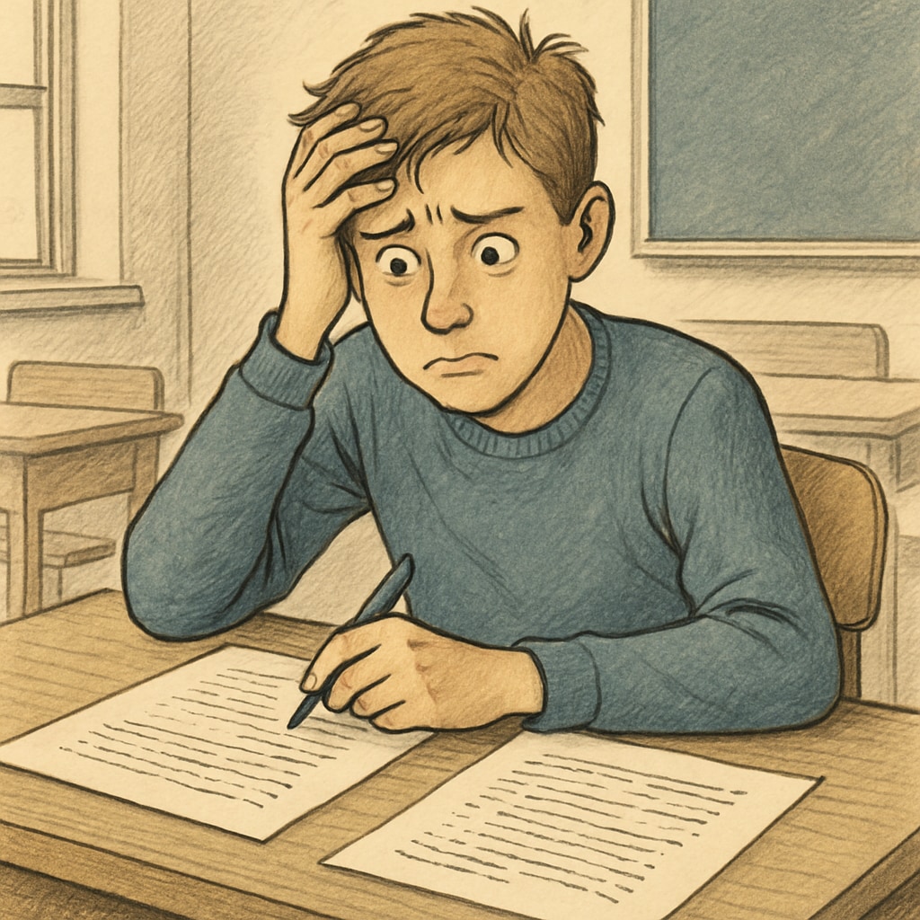 A student sitting at a desk with exam papers, looking anxious and stressed. Academic anxiety related to GCSE results and exam stress