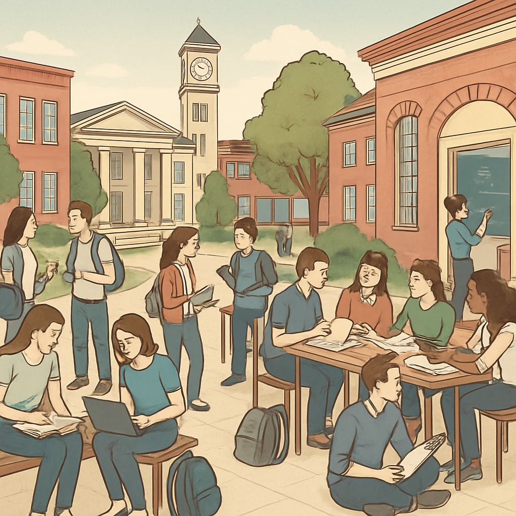 A university campus with students engaging in academic activities, representing domestic education pathways. Domestic university campus with students walking and studying.