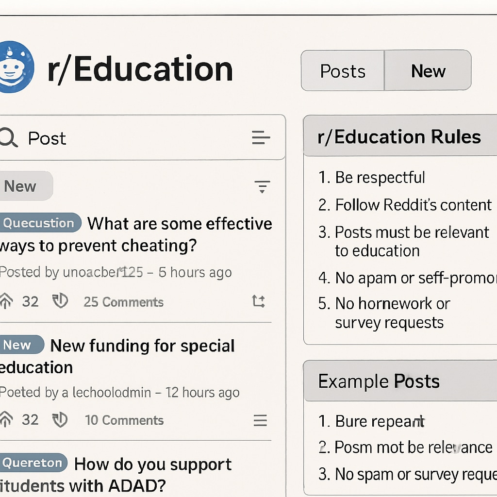 A screenshot of the r/Education subreddit displaying its rules and example posts. Image showing Reddit’s r/Education subreddit with community rules and posts.
