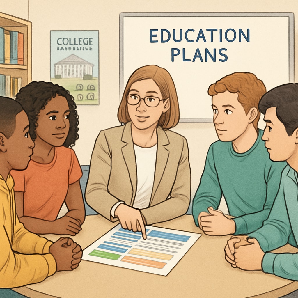 A group of students discussing educational plans with a counselor, emphasizing the importance of seeking guidance and exploring options post-graduation. Counselor helping students explore education and career pathways after receiving a modified diploma.