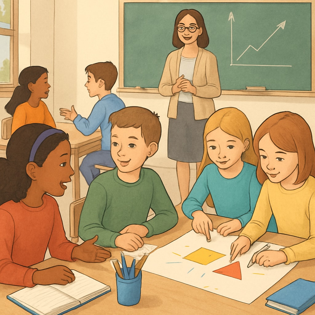 A classroom setting where students engage in group discussions or creative activities, illustrating teamwork and collaboration. Students collaborating in a creative classroom environment