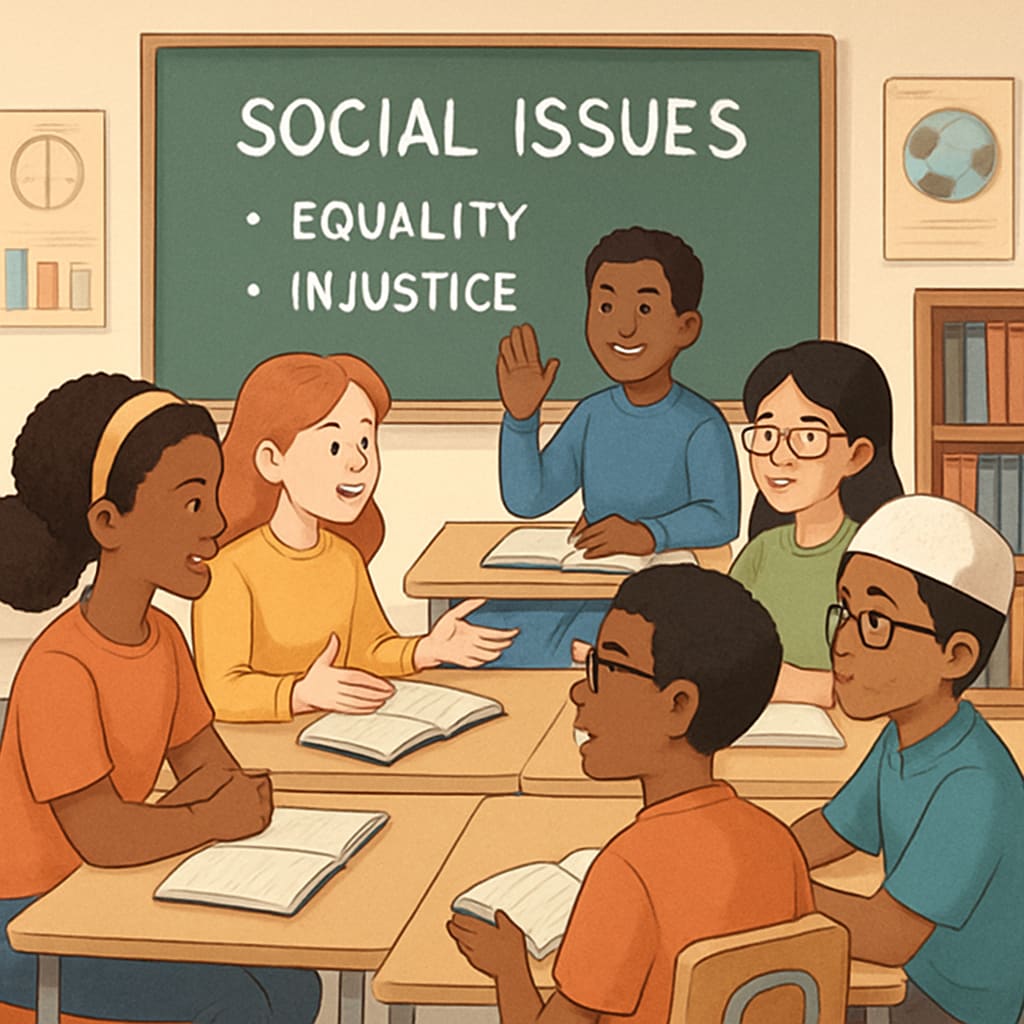 A classroom with diverse students engaging in a discussion on social issues, symbolizing inclusivity and wokeness in schools. Classroom discussion illustrating wokeness and inclusivity in schools.