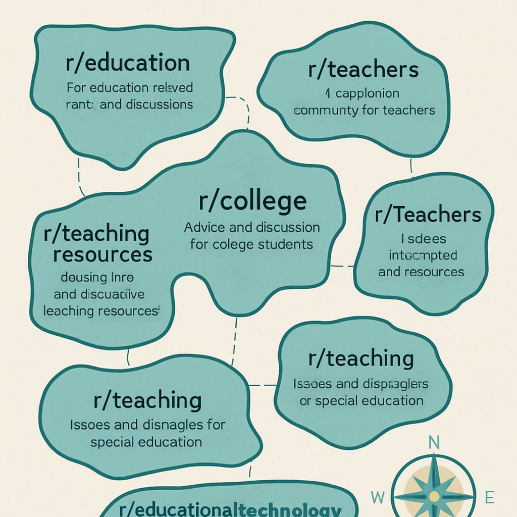 A visually engaging map of popular education-related subreddits with brief descriptions. Diagram highlighting key K12 education subreddits on Reddit.