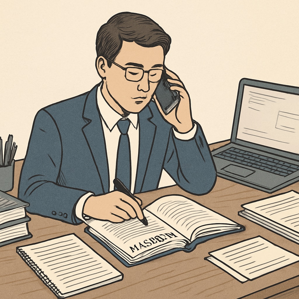 A professional at their desk studying for a master's degree while managing work-related tasks. A professional balancing work and study commitments for career development.