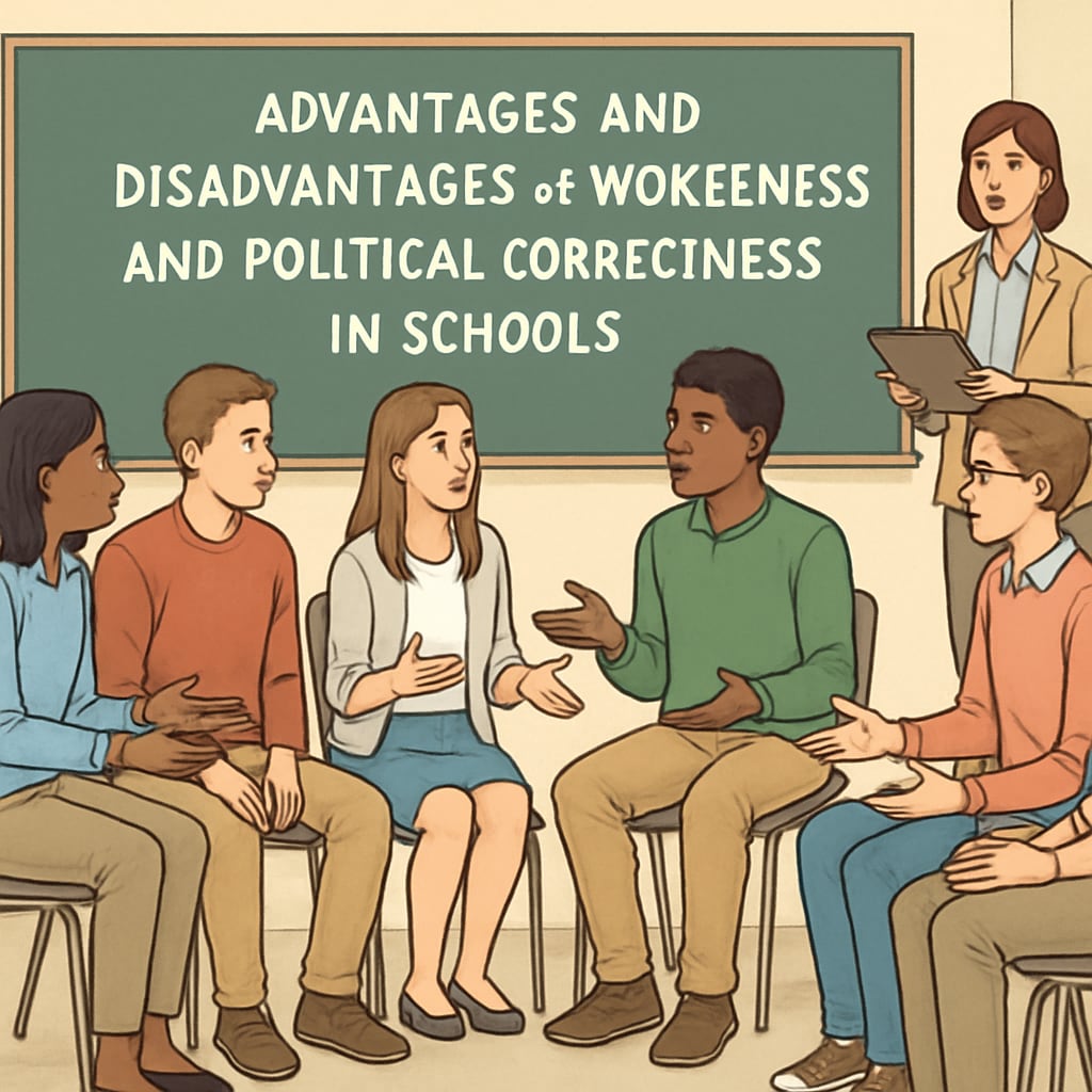 Students in a debate setting, discussing the pros and cons of wokeness and political correctness in schools. Students debating wokeness and political correctness in schools.