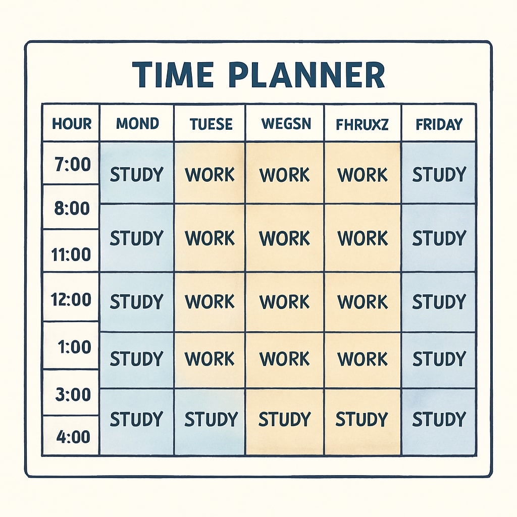 A time planner or calendar highlighting a busy schedule that includes work and study commitments. A time management tool to balance career and education.