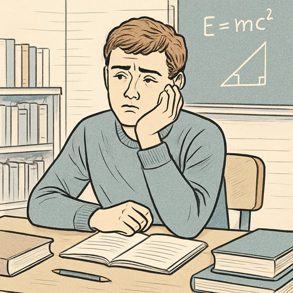 A concerned student sitting in a classroom, reflecting on accusations of plagiarism. Concerned student reflecting on plagiarism accusations in a classroom.