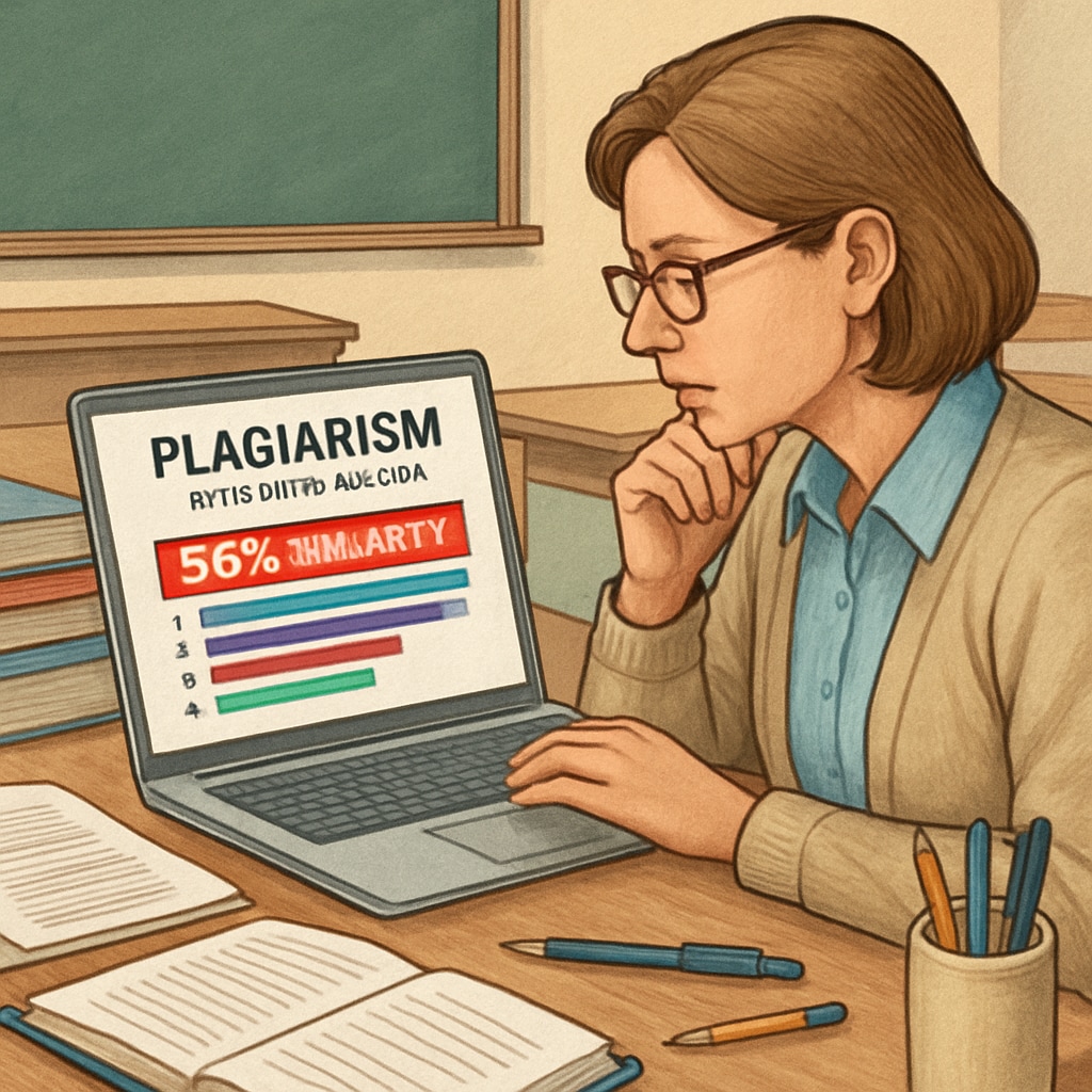 An educator reviewing a plagiarism detection report on a laptop. Educator reviewing a plagiarism detection report on a laptop.
