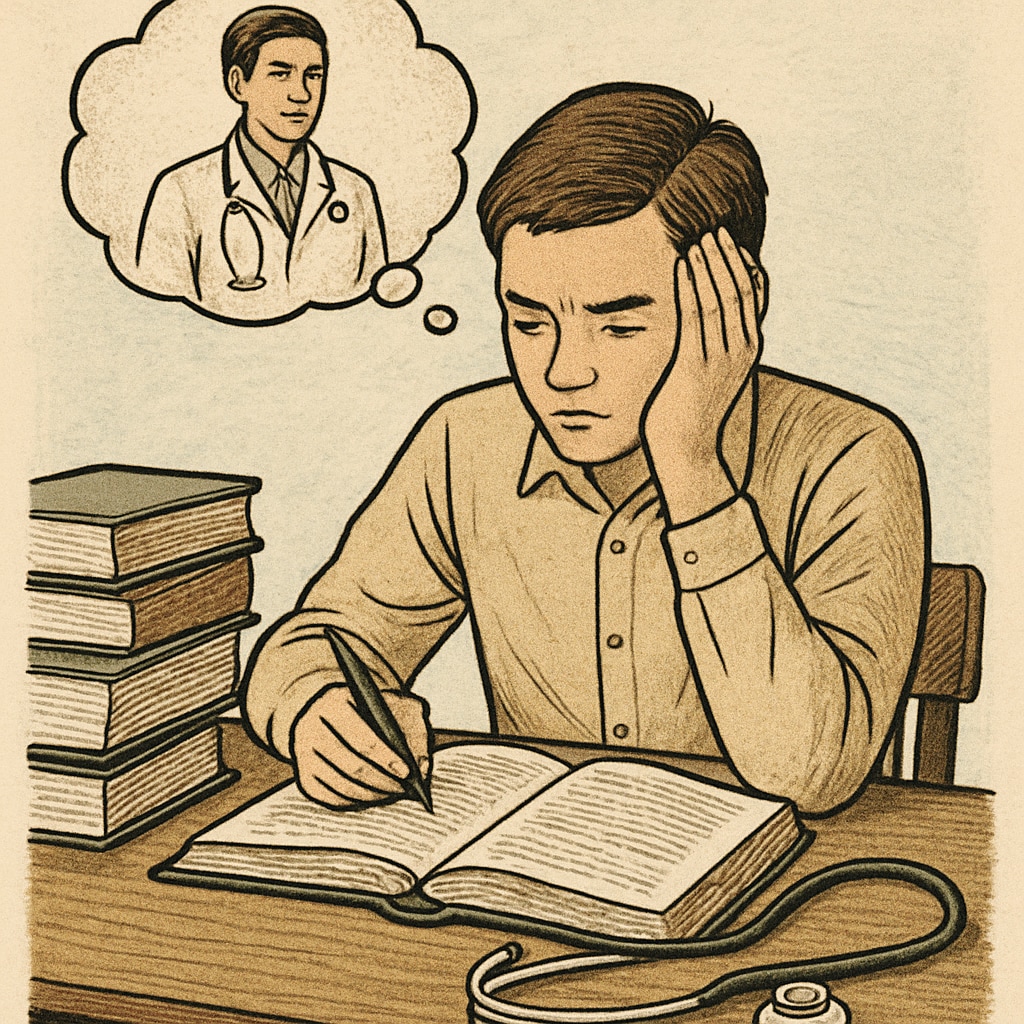 A student sitting at a desk with books and a stethoscope, symbolizing the pursuit of medical dreams despite struggles with learning difficulties. A student with books and a stethoscope, representing learning challenges and medical aspirations.