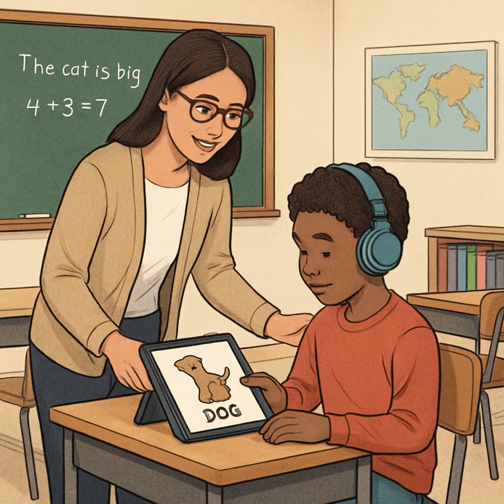A classroom setting where a teacher is using assistive technology to support a student with learning challenges. A teacher using assistive technology to help a student overcome learning difficulties.