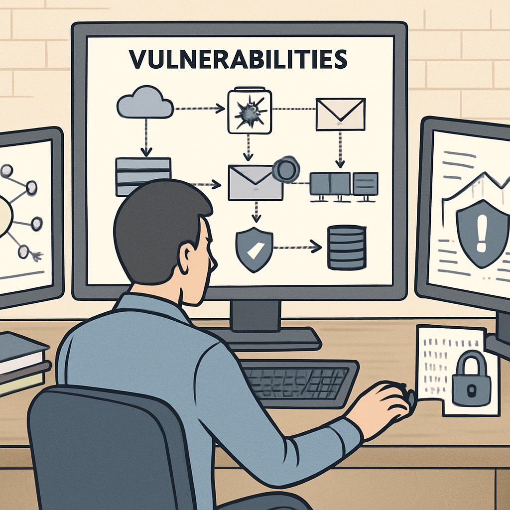 A technical illustration of a cybersecurity operation, showing a professional analyzing system vulnerabilities. Cybersecurity professional analyzing system vulnerabilities.
