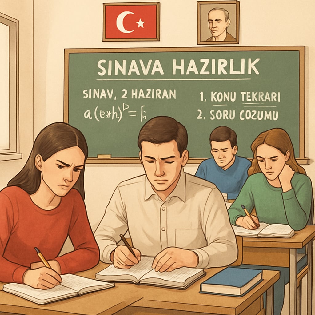 A classroom in Turkey with students preparing for exams, symbolizing exam pressure. Students in a Turkish classroom preparing for exams, highlighting exam pressure.