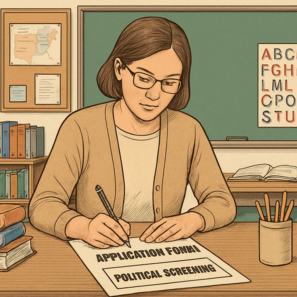 A teacher filling out an application form with a political screening section, symbolizing Oklahoma's controversial policy. Teacher application form with political screening section, Oklahoma policy.