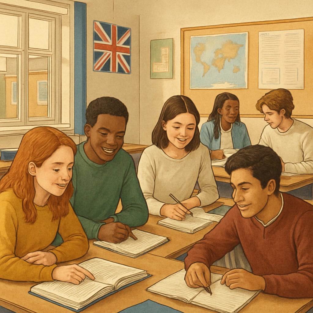 A British classroom with students working collaboratively, showing the diversity and flexibility of A Levels. British classroom with collaborative students, emphasizing A Levels flexibility.