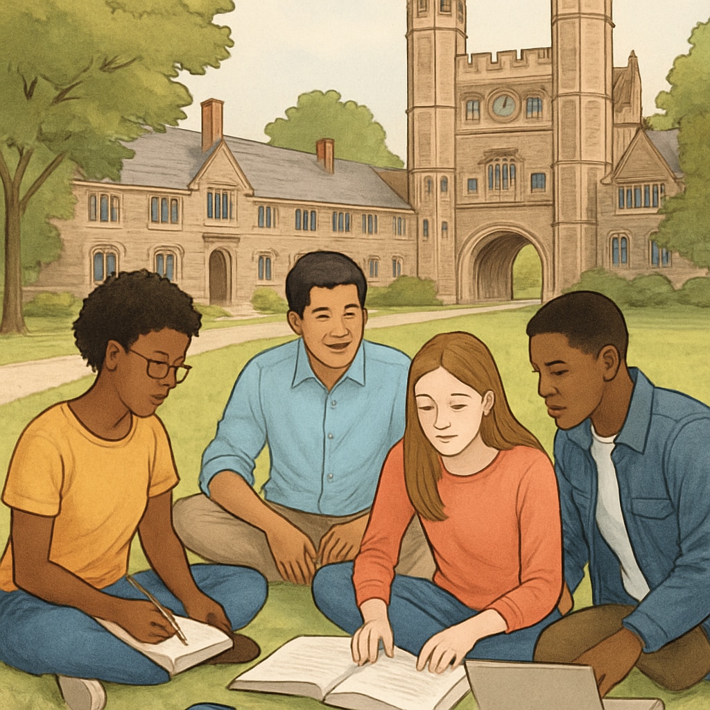 A group of diverse students studying together on Princeton’s campus, emphasizing community over exclusivity. Students collaborating on Princeton’s campus, highlighting diversity and education.