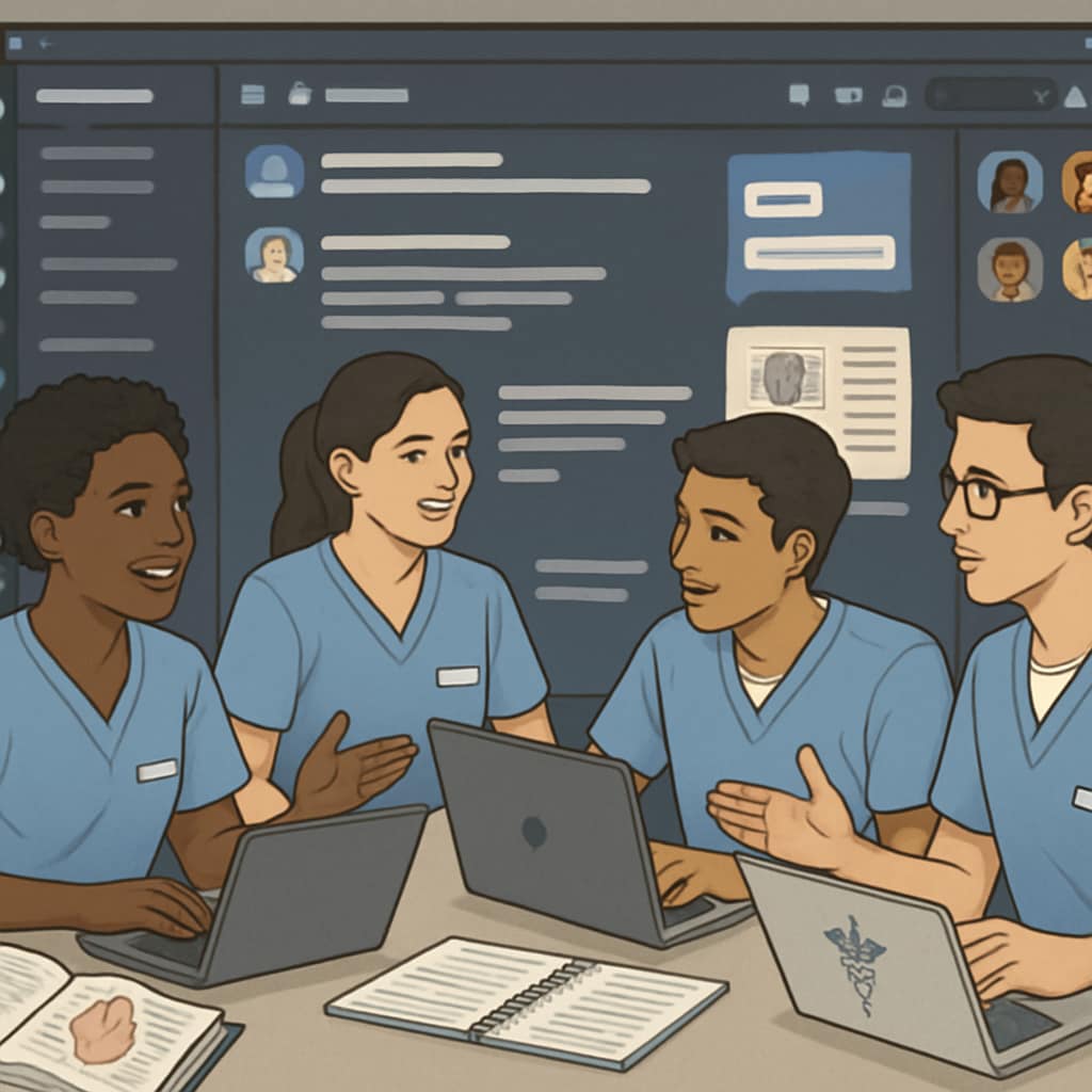 Nursing students collaborating in a virtual study group on Discord. The image should show individuals engaged in a discussion or sharing resources online. Nursing students using Discord for study group collaboration.