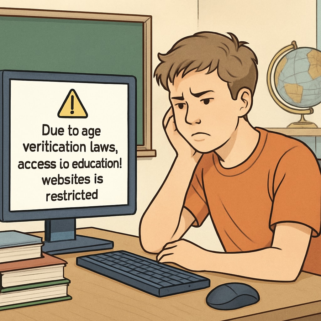 A high school student struggling to access educational websites due to age verification laws. The image represents the challenges faced by K12 students when trying to explore learning resources under new internet regulations. Student facing difficulties due to age verification laws while researching online educational content.
