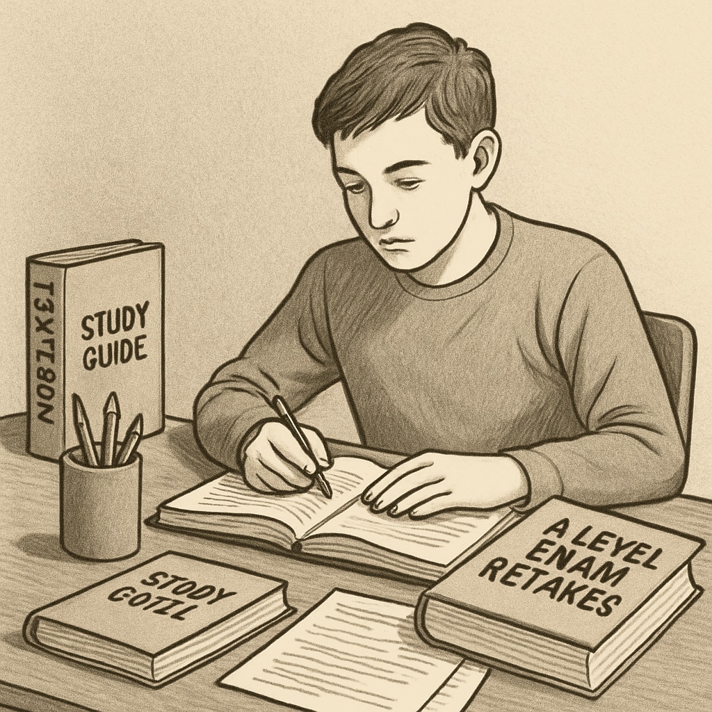 A student seated at a desk reviewing study materials for A-level exams, symbolizing exam retake preparation. Student studying for A-level retake exams at a desk