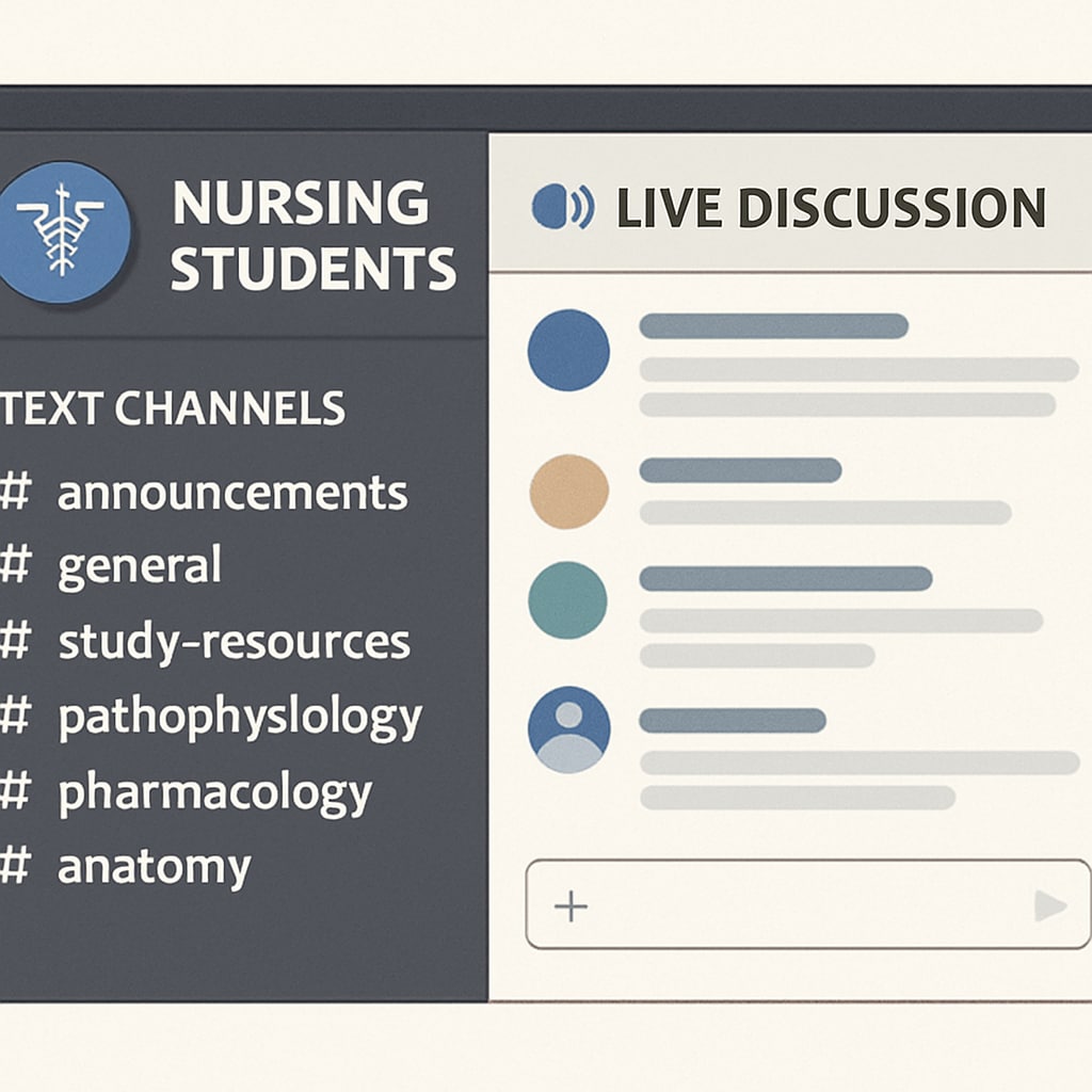 Screenshot of a Discord server used by nursing students, highlighting text channels for study resources and live discussions. Discord server interface for nursing students sharing study resources and tips.