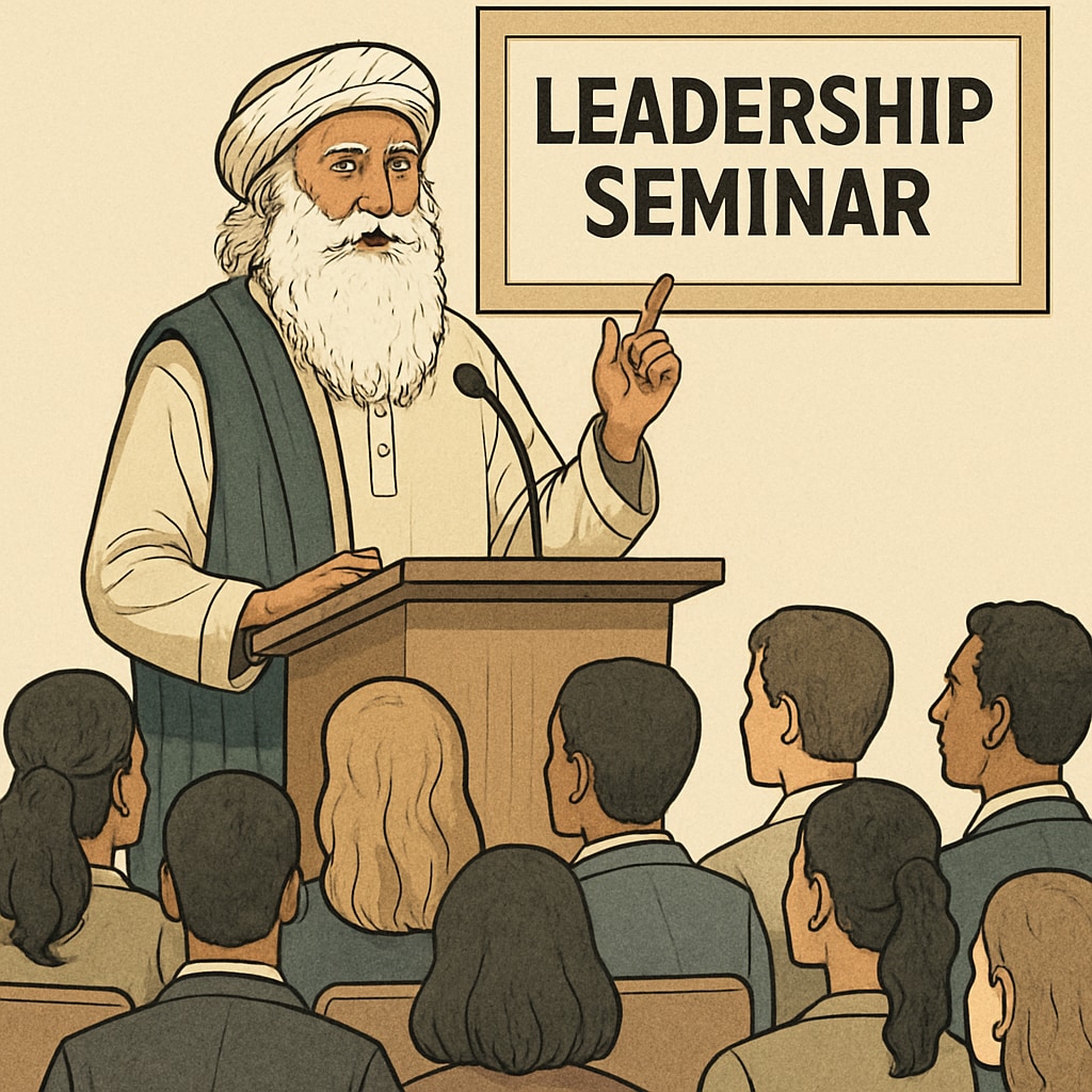 Sadhguru speaking at a leadership seminar, inspiring an audience of entrepreneurs. Sadhguru delivering leadership insights to entrepreneurs.