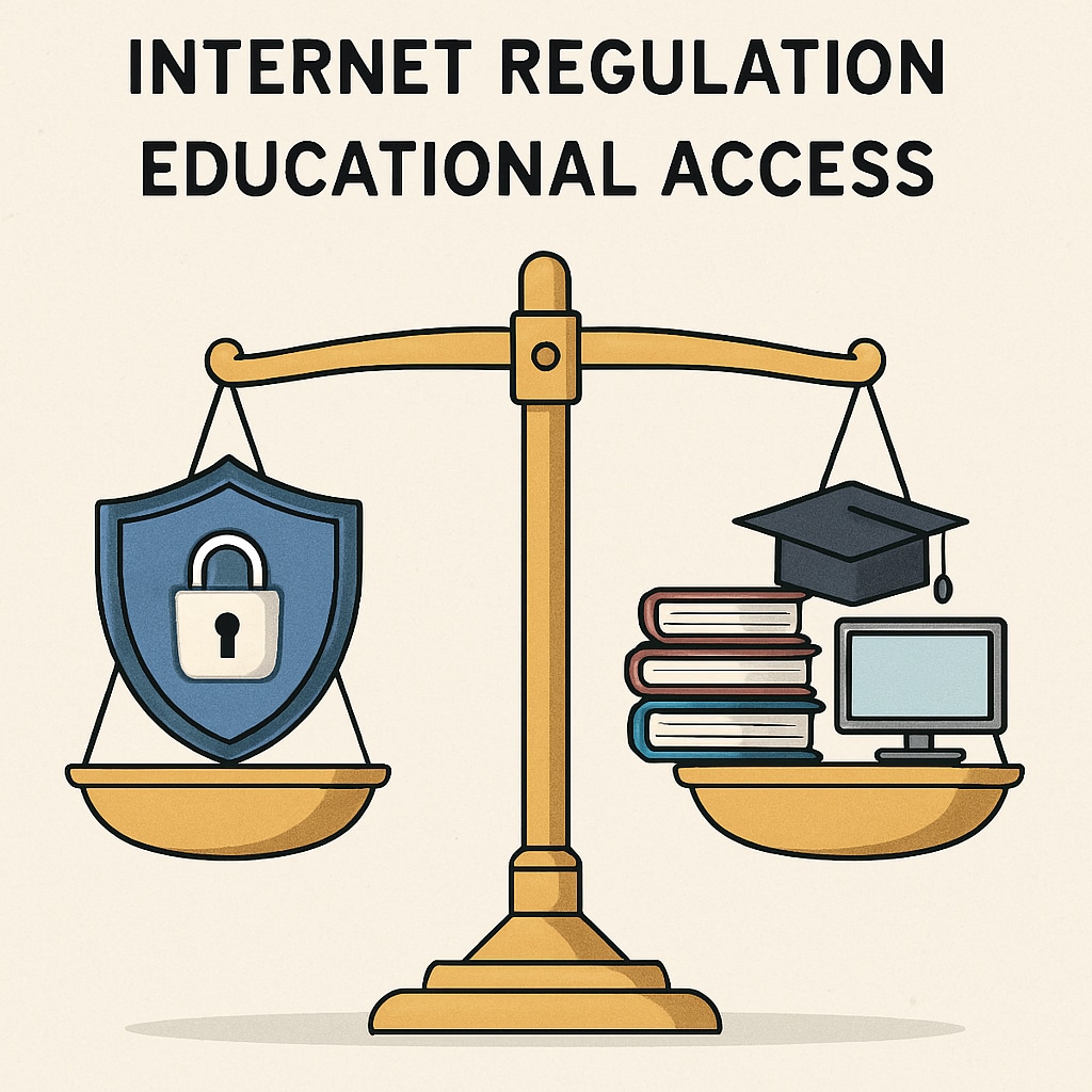A diagram illustrating the balance between internet regulation and educational access. The image visually depicts the trade-off between protecting minors and allowing access to legitimate academic resources. Diagram showing balance between internet regulation and educational freedom for students.