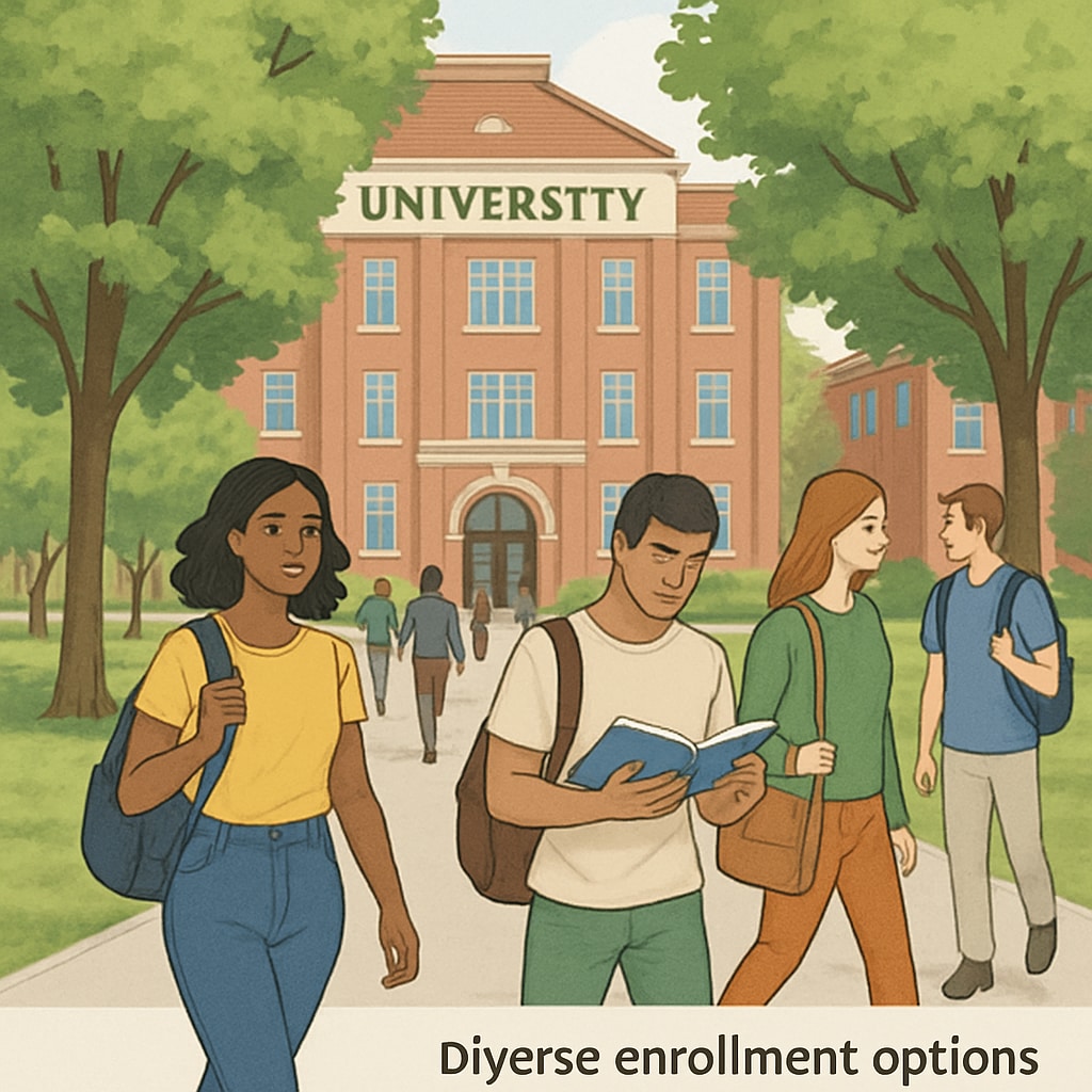 A university campus with students walking under trees, symbolizing enrollment options in lower-ranked universities. University campus with students walking under trees