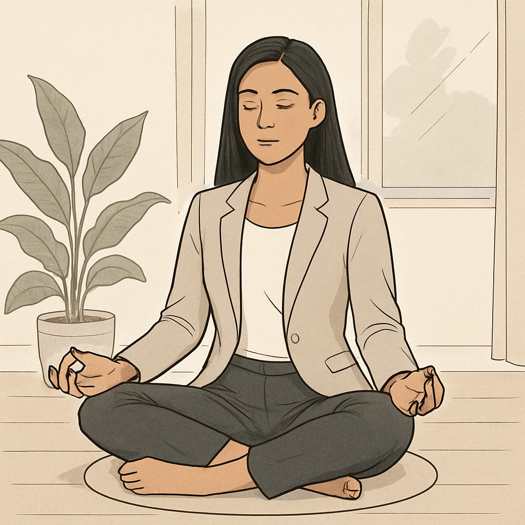 A female entrepreneur practicing mindfulness, inspired by Sadhguru's teachings. Female entrepreneur meditating to improve leadership skills.