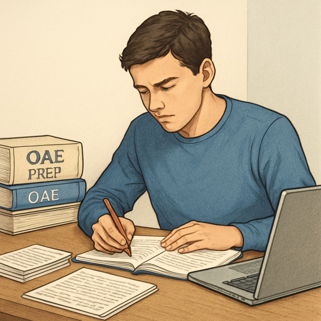 A focused student sitting at a desk, surrounded by OAE preparation materials such as textbooks, notes, and a laptop. A student using OAE preparation materials to study for the Ohio Assessment for Educators, reducing exam anxiety.