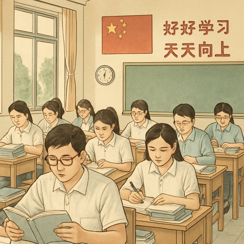 A classroom in China with students studying intensely at their desks, representing academic rigor and high-stakes testing. Chinese classroom showcasing academic rigor and standardized testing focus.