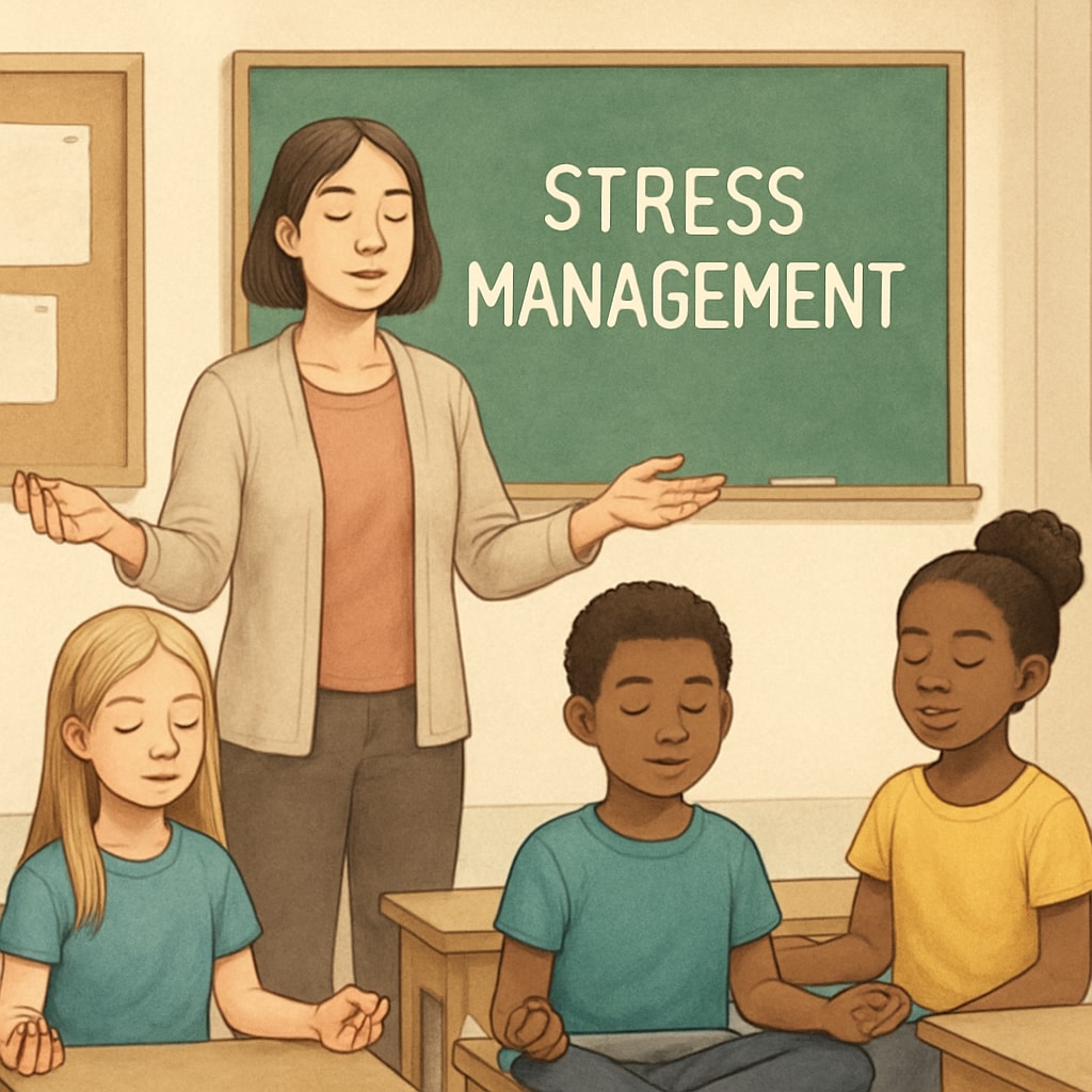 A serene classroom environment with a teacher practicing mindfulness exercises with students, symbolizing stress management techniques. A teacher using mindfulness exercises with students to manage stress, relevant to reducing exam anxiety for OAE preparation.